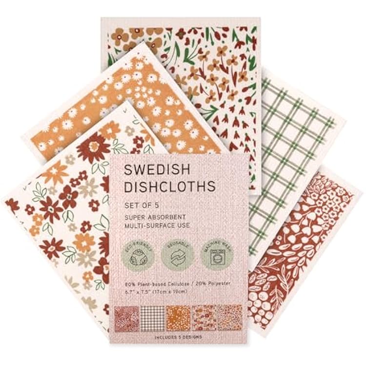 MosJos Swedish Dishcloths, Vintage Plant-Based Cellulose, 6.7x7.5 Inch, Super Absorbent, Multi-Surface, Machine Washable, Reusable, 5 Pack Rust Green Burgundy