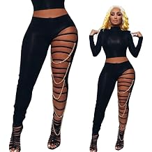Women's Sexy Ripped Leggings High Waist Skinny Cutout Pants Chain Stretchy Casual Rave Party Daily Tights
