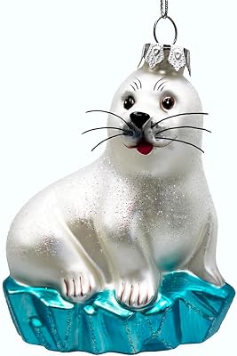 White Seal on a Glacier Glass Christmas Ornament, Pinnipeds and Sea Lion Themed Decor