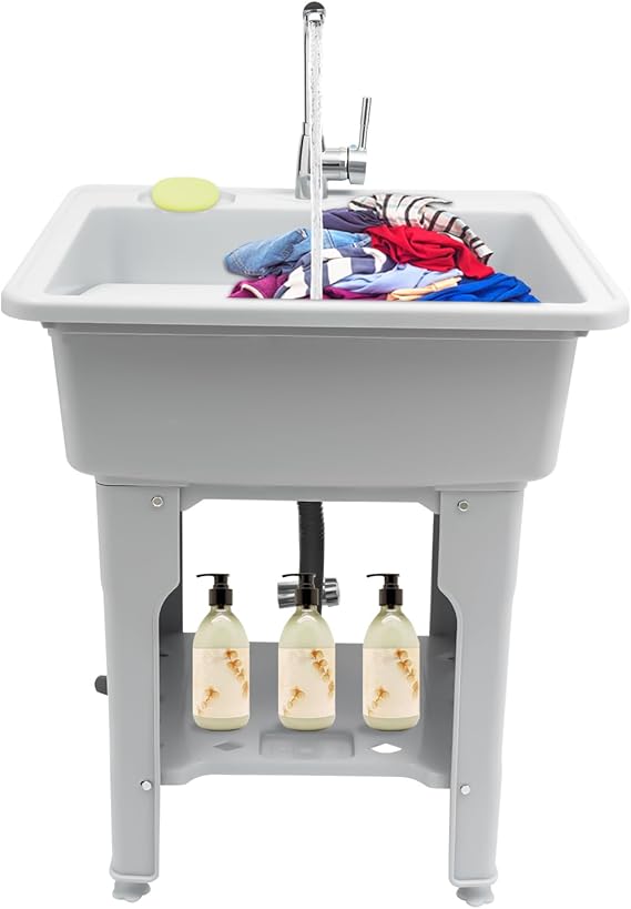 Utility Sink Laundry Tub with Pull Out Faucet,Compact Utility Sink Slop Sink,Space Saving Laundry Tub,Large Free Standing Wash Station Tubs for Washing Room (9.06in Grey)