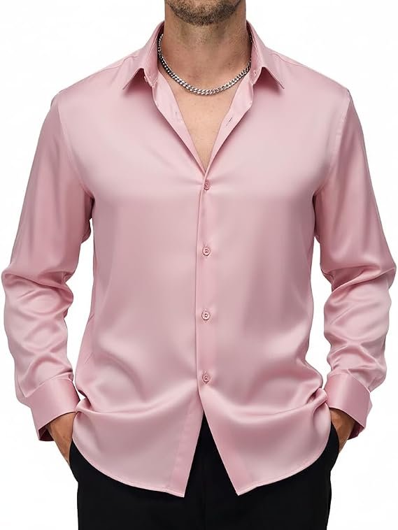 WARHORSEE Men's Silk Satin Dress Shirts Long Sleeve Button Up Shirt for Men | Shiny & Moisture Wicking for Party Wedding Prom Club Night,Wrinkle-Resistant All Day Comfortable & Breathable Regular Fit