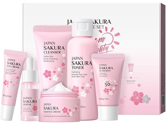 Skincare Complete Face Skincare Kit Face Moisturizing Nourishing and Oil Control Suitable for All Skin Types Ideal for Women Beauty Gift with Mini Size Travel (Sakura 6pcs)