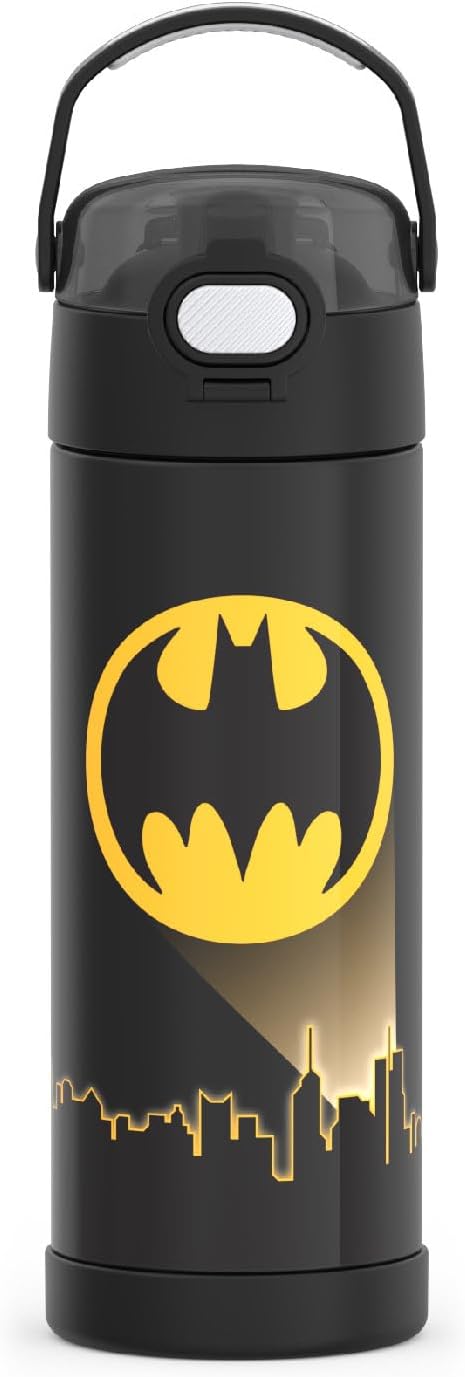 THERMOS FUNTAINER 16 Ounce Stainless Steel Vacuum Insulated Bottle with Wide Spout Lid, Batman