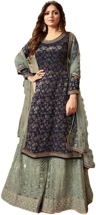 GRC Women's Jaquard Embroidered Sharara ReadyMade Indian/Pakistani Salwar Suit/Gown with Dupatta
