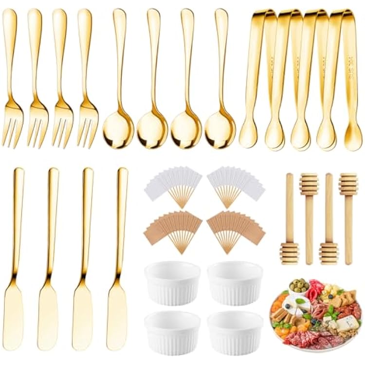 Charcuterie Boards Accessories 64Pcs Cheese Butter Spreader Knives Set Charcuterie Utensils Mini Serving Spoons and Forks Small Serving Tongs Sauce Cups Honey Dippers Toothpick Flags for Pastry Making