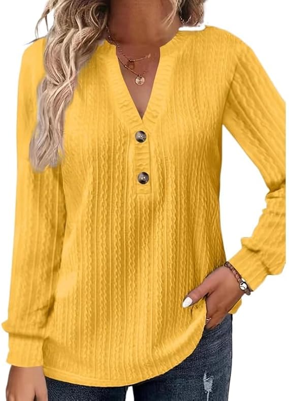 Button Down Shirt for Women Long Sleeve V Neck Henley Shirt Womens Spring Fashion 2025 Solid Color Loose Casual Blouse