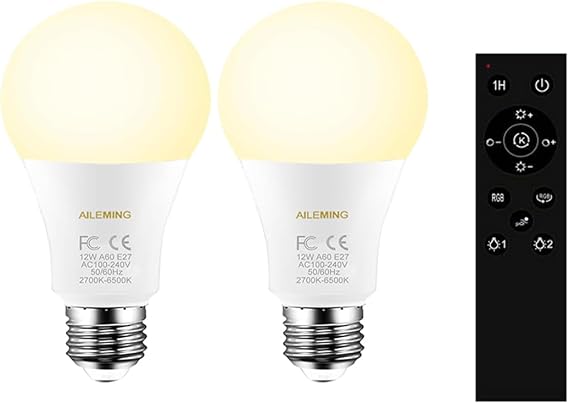 E27 Smart LED Bulb with a 2.4GHz Remote Control, A19 12W 1000lm Stepless dimming for Bderoom, Mood Soothing,100W Equivalent,Dimmable 2700-6500K,2 Bulb & 1 Remote [Energy Class F]