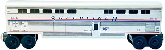 Amtrak Superliner Dining Car Wooden Train, Add-On Collectible Car Toy, Handcrafted in USA, Compatible with Major Railway Systems, Hardwood