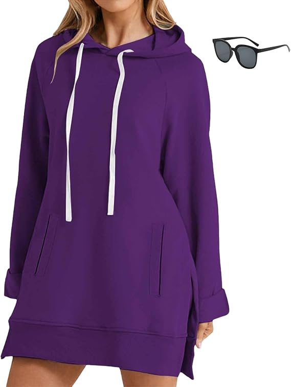 Warmy Oversized Hoodie Dress Women, Casual Pullover Long Sleeve Split Hem Drawstring Sweatshirt Dress With Pockets