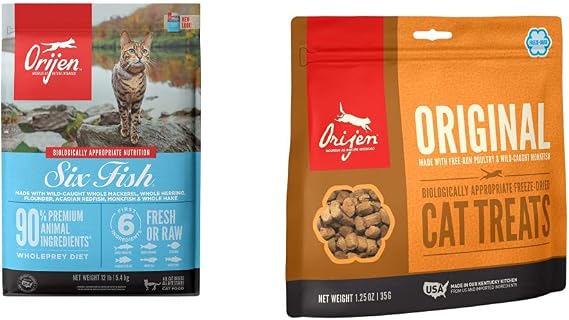ORIJEN Dry Cat Food, Grain Free, Premium, High Protein, Fresh & Raw Animal Ingredients, Six Fish, 12lb Freeze Dried Cat Treats, Original, 1.25oz