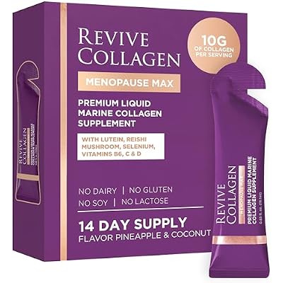 Revive Collagen Menopause Max Hydrolyzed Marine Collagen Drink for Women, 10,000MG, Lutein, Reishi Mushroom, Vitamin B6, B12, C & D, for Skin & Eye Wellness, Pineapple & Coconut Flavour 14 Packets
