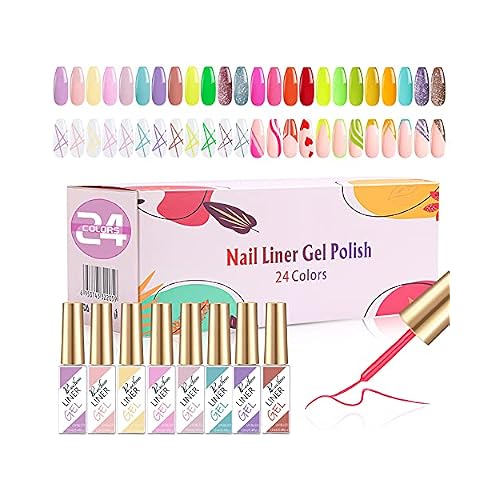 Rechoo Painted Gel Nail Polish Set, 24 Colors Line Nail Polish Gel Painting Drawing UV Light LED Soak Off Nail Art Design & Nail Salon DIY Manicure Kit 24 Colors