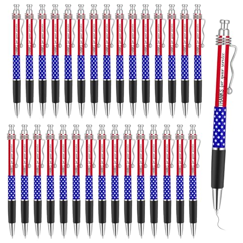 30 Pcs American Flag Pen Thank You for Your Service Bulk Retractable Ballpoint Pen Patriotic Souvenir Gift for Swat Veteran Independence Day Memorial Day Veteran Office Party Supplies