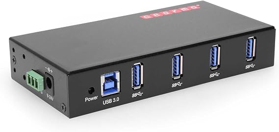 Gearmo 4-Port USB 3.0 Rugged Industrial DIN Rail & Surface Mount Hub, 5Gbps Speeds, Surge Protection, 12V/2A Power Adapter