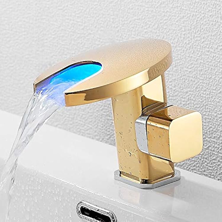 Waterfall LED Basin Faucet Bathroom Faucet Cold and Hot Water Mixer Tap Deck Mounted Wash Sink Washbasin Tap BR-2018A109Gold