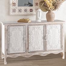 May in Color Accent Cabinet Rustic Storage Cabinet with 3 Carved Doors, Vintage Sideboard Buffet Cabinet with Shelves, Wood Entryway Cabinet for Kitchen, Dining Room, Living Room, Bedroom, Wash Grey