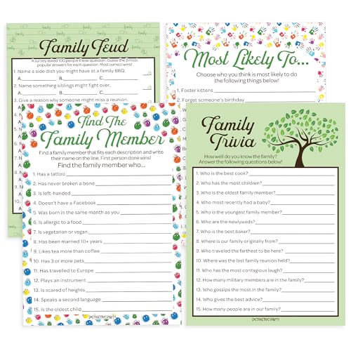 DISTINCTIVS Family Reunion Game Pack - Family Trivia, Most Likely to, Family Feud & Find The Family Member - 4 Game Bundle for 20 Guests