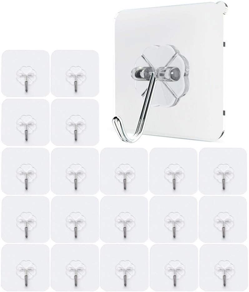 JZK 20 Waterproof Heavy Duty self Adhesive Clear Hooks Load Bearing 10kg Plastic Strong Sticky Hook for Bathroom Kitchen Wall Door Fridge Ceiling Closet