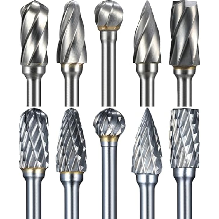 Sworker 10 Pcs Carbide Burr Set 18 Shank Compatible with Dremel Bits Double Cut and Aluminum Cut Wide-Flute Cut Rotary Tools Attachment Kit Rasp Metal Wood Stone Steel Grinding Carving Cutting