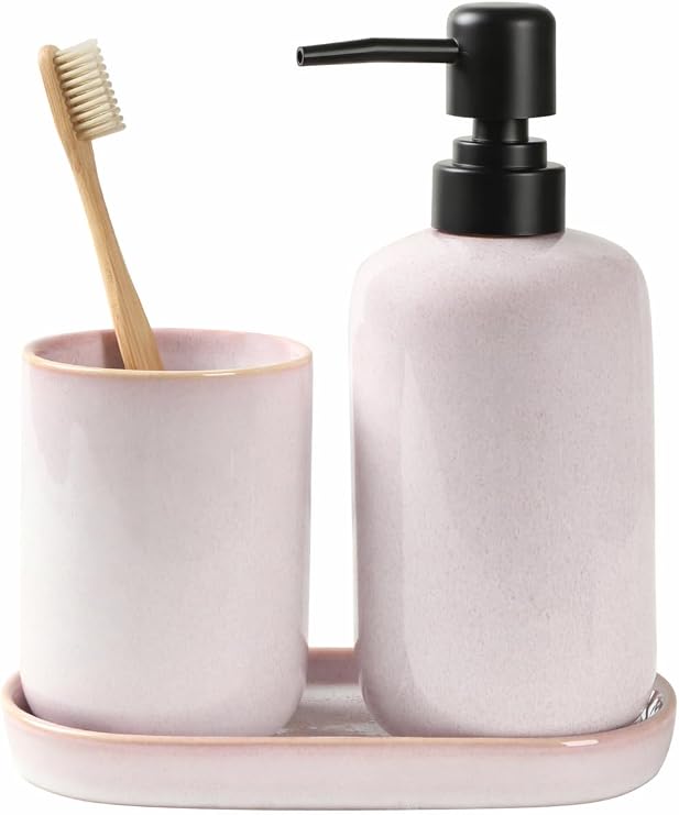 Ceramic Bathroom Accessories Set, Light Pink Glossy Soap Dispenser | 15.5oz &amp; Toothbrush Holder 10.6oz with Tray, Modern Countertop Set for Bathroom, Vanity, Kitchen Sink