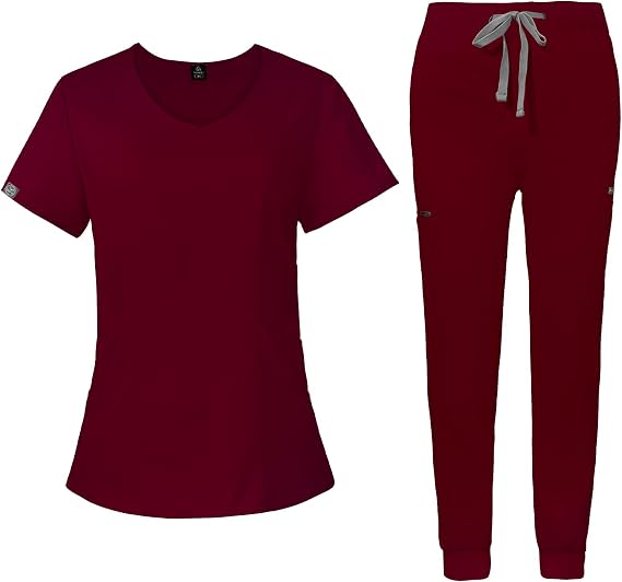 VIAOLI Medical Uniforms Nurse Women Doctor Nursing Hospital Scrub Sets Top &Jogger Pants Pet Clinic Clearance Workwear (XS, Burgundy)