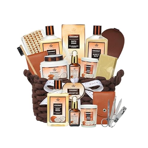 Fathers Day Spa Gift Set, 12pcs Spa Basket Set Coconut & Almond Scented includes Body Wash, Bubble Bath, Bath Soak, Manicure Set, Gifts for Mom, Birthday Gifts for women, Gift for Her Home Spa Kit