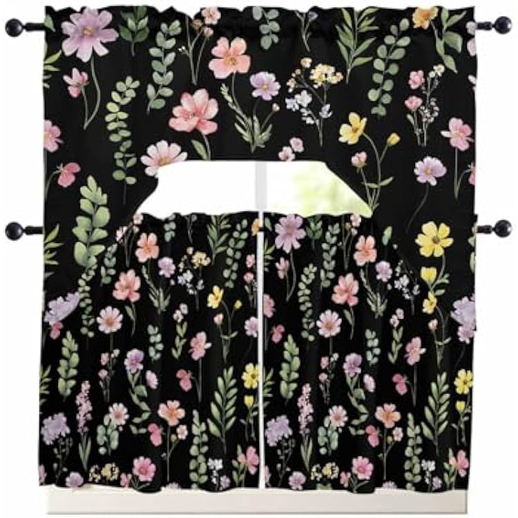 Pink Spring Floral Swag Kitchen Curtain Sets with Valance, 3 Pieces Flowers Botanical Elegant Pastoral Black Curtain Drapes Rod Pocket for Bedroom Living Room Windows, 56x36 & 24x27.5x2Panels