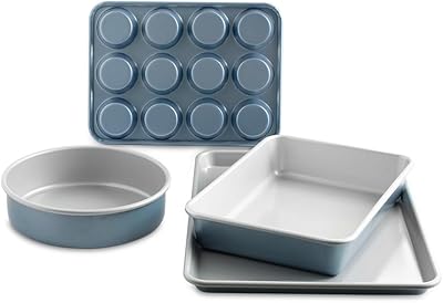 Nordic Ware BrilliantTM Colorful 4-Pc Baking Set, Nonstick made without PFAS or PTFE for safe cooking; Reinforced steel rim prevents warping; Half Sheet, 9x13 Inch Pan, 9-Inch Round Pan and Muffin Pan
