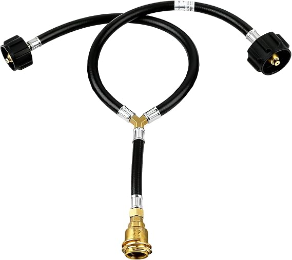 Propane Y Splitter Hose Adapter, Dual Port QCC1 Regulator | Connect Two 5lb - 20lb Tank, Converter to POL/QCC1 Exit Brass Valves for Grill, Oven, Camping & Tailgating