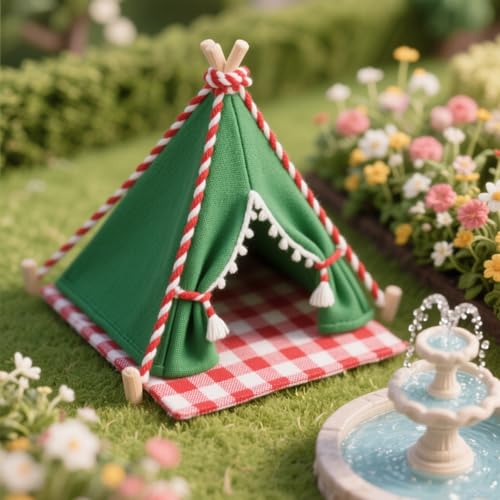 1:12 Dollhouse Camping Bed Tent, Mini Green Cloth Tent with Carpet, Miniature Outdoor Furniture Accessories for Bedroom,Patio and Garden for Teens & Adults