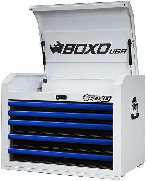 BOXO USA 26" 5-Drawer Pro Series Top Tool Chest - Gloss White with Blue Trim