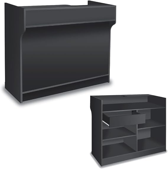 Free-Standing Black Melamine Register Stand, with Adjustable Shelves, Pull-Out Drawer, and Check Writing Area - Available Maple and Black. Available in 48" of 72" (48" Wide, Black)
