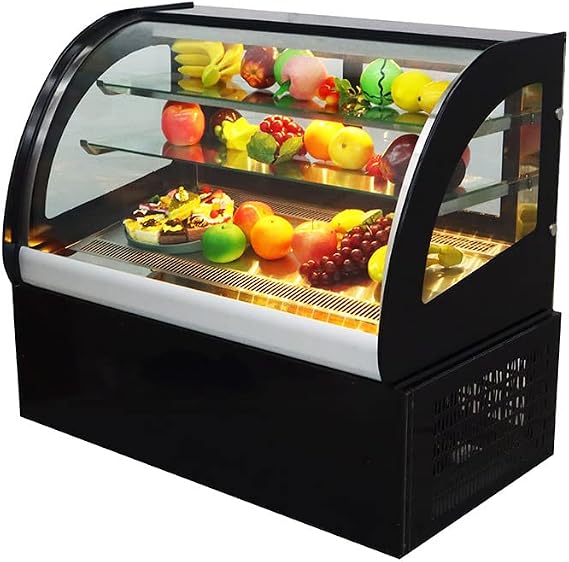 0.9m Countertop Display Refrigerators Cake Showcase(Beveled Bottom) Glass Refrigerated Cake Pie Showcase Bakery Display Case Cabinet Curved Back Door Yellow Led Light 220v
