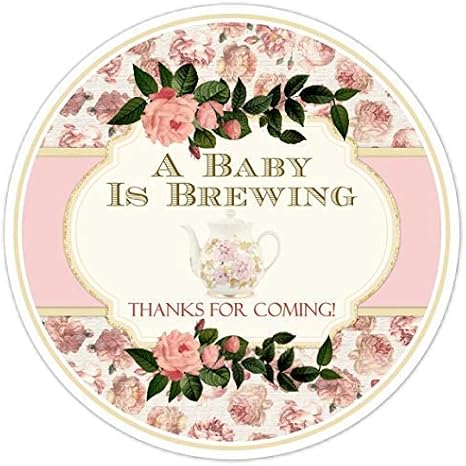 60 Baby is Brewing Shower Stickers Pink Roses 2 in