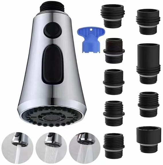 Kitchen Faucet Head Replacement, Pull Down Kitchen Spray Head with 9 Adapters, 3-Function Kitchen Sink Spray Nozzle Compatible with Most Faucets(G1/2),Chrome