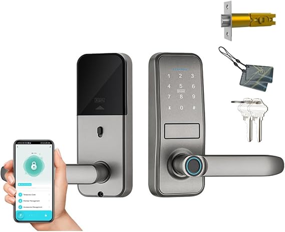 Smart Lock, Keyless Entry, Sleek Matte Black Handle, Electronic Keyboard, Fingerprint and Touch Keyboard, Biometric Bluetooth Smart Lock for Front Door