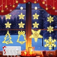 4 Pack Christmas Window Lights Decorations, 80 LED Christmas Lights Battery Warm White Snowflake&Star&Xmas Tree&Jingle Bell, Hanging Christmas Decorations for Window, Eave (4 Suction Cup&4 Wall Hook)