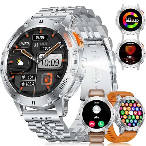 ESFOE Smart Watches for Men3 Straps,1,43 AMOLED Military Smart Watch for Men with LED Flashlight530mAh Large Battery5ATM Waterproof,Fitness Tracker Smartwatch with AnswerMake Call Silver