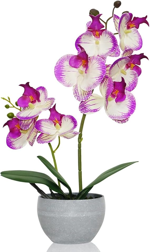Purple Orchid Artificial Flowers 2 Stems in Grey Pot, Potted Faux Orchid Flower for Home Bathroom Table Living Room Office Kitchen Decor