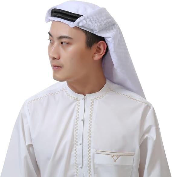 Men Arab Shemagh Kaffiyeh Headscarf Turban Cap Bandana Soft Muslim Hijab Headband Shawl Headwrap with Aqel Rope(White)
