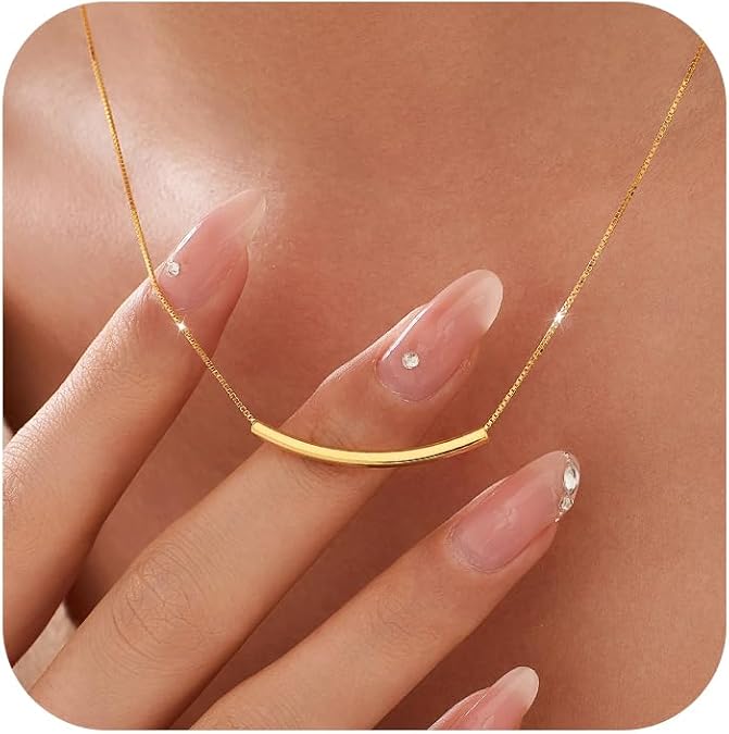 925 Sterling Silver Minimalist Curved Bar Necklaces for Women | 14K Gold Plated Trendy Statement Square Pendant Necklace Everyday Choker Necklace Hypoallergenic Jewelry Birthday Gifts