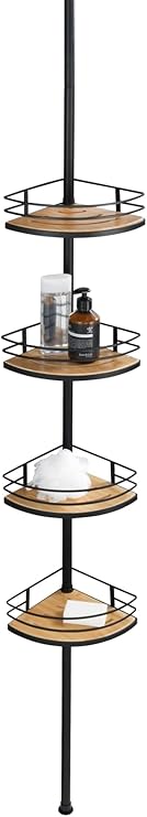Wenko Dolcedo Corner Bamboo and Stainless Steel Telescopic Bathroom Shower Shelf Height Adjustable with 4 Shelves, Black/Natural, 31 x 65-275 x 23 cm