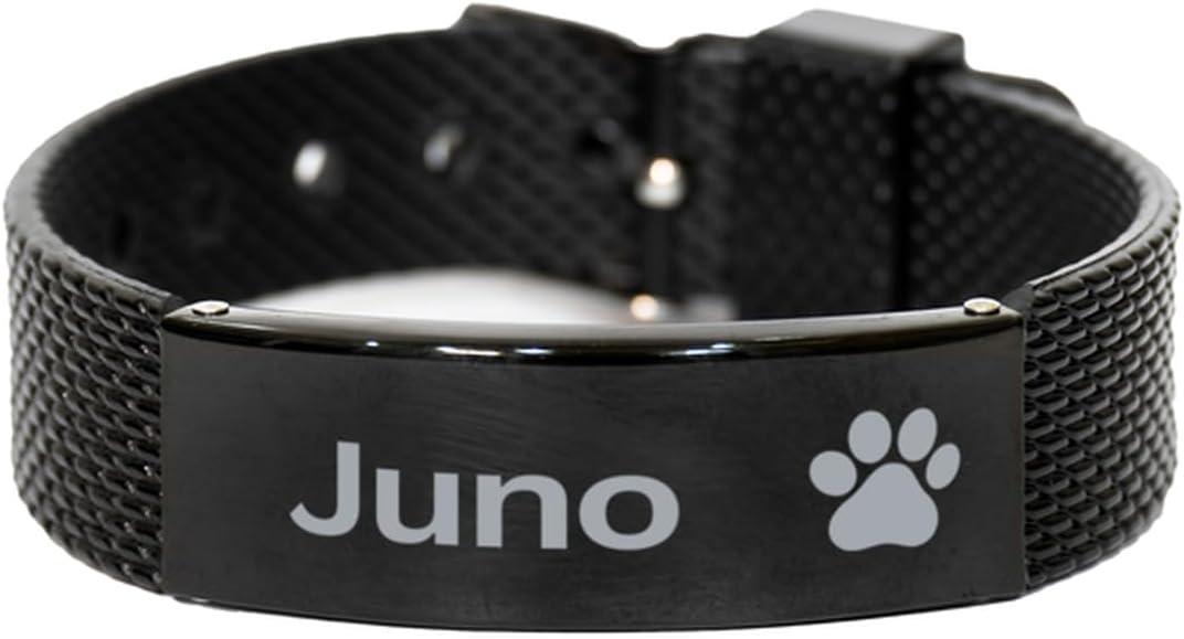 Juno Paw Print Name Black Shark Mesh Bracelet - Loss of Pet Remembrance ID Plate Bracelet Dog Cat Pet Paw Pet Lover Memorial Gifts For Men Women, Engraved Adjustable