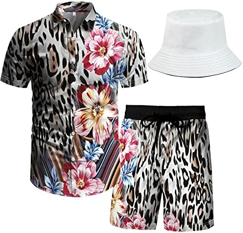RPOVIG Beach Outfit Matching Shirts Shorts Mens Hawaiian Festival Floral Clothes 2 piece Sets with Bucket Hat