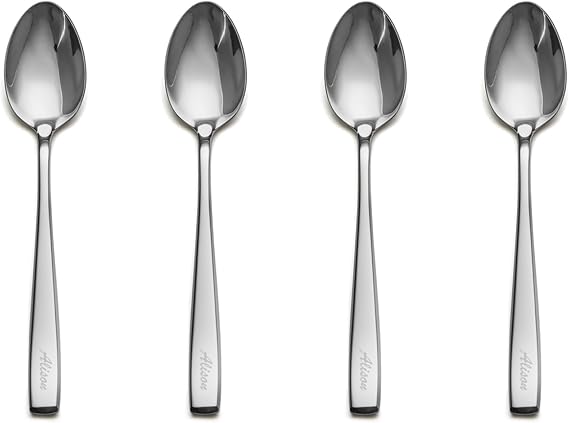 4 Pieces Personalized Teaspoons Set, Custom Text Engraved Spoons Silverware, Premium Stainless Steel Dessert Spoons, Durable Small Spoon, 6.77 Inch Teaspoons, Dishwasher Safe
