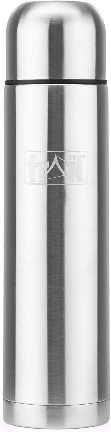 Trail Bullet Vacuum Flask 1000ml, Stainless Steel Thermal Flask for Camping, Hiking &amp; Travel, Keeps Drinks Hot 12hrs / Cold 24hrs, Double Walled, Leak-Proof, Twist-&amp;-Pour Stopper, Lid Cup (Silver)