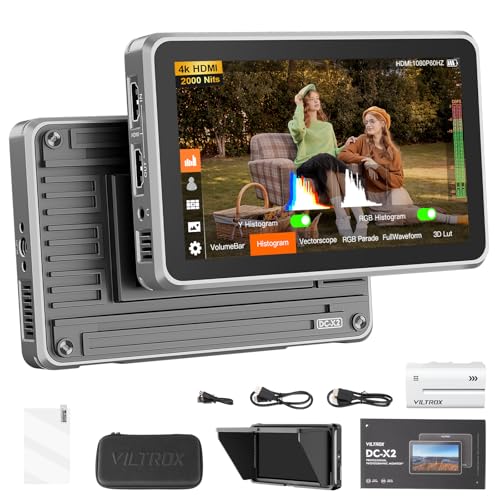 VILTROX DC-X2 6 inch Touchscreen Camera Field Monitor 4K HDMI Video Monitor with Sunshade HoodBattery 2000nits 160Wide View Angle 1920X1080 3D LUT Peaking Focus Assist Monitor