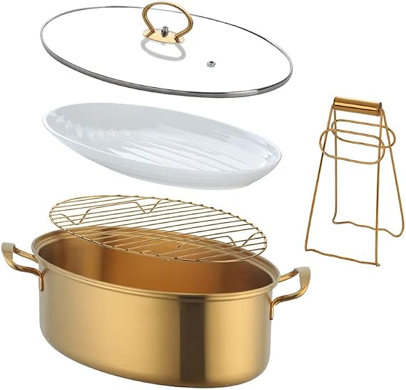 8Qt Stainless Steel Oval Fish Steamer 5 PCS Set 18/8 Premium Heavy Duty With Cooking Pot, Ceramic Pan, Chuck,Vented Glass Lid,Plate clamp for Steaming Fish, Boiling Soup-Gold