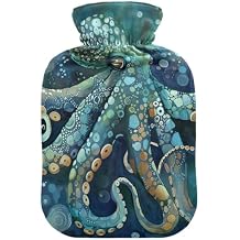 Hot Water Bottles with Soft Cover Feet and Bed Warmer Octopus Sea Animal Teal Blue Hot Water Bag for Menstrual Cramps Small