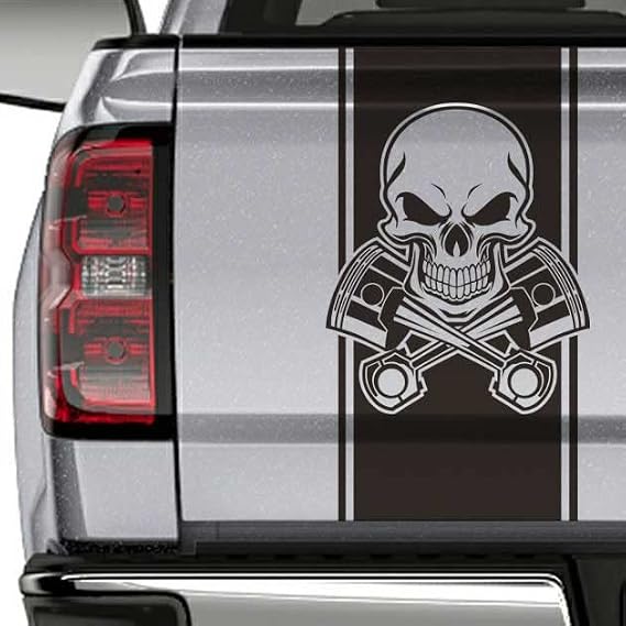 SkunkMonkey - Truck Tailgate Decal - Skull and Pistons Universal Fit - Black Sticker